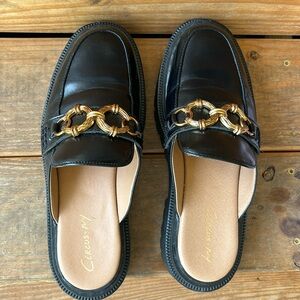 Circus by Sam Edelman Elena Black Gold Chain Slip On Round Toe Lug Sole Mules